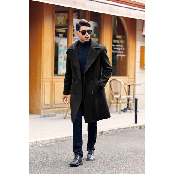 Men's Black Double-Breasted Trench Coat with Lapel Collar for Business & Winter - Picture 2 of 5